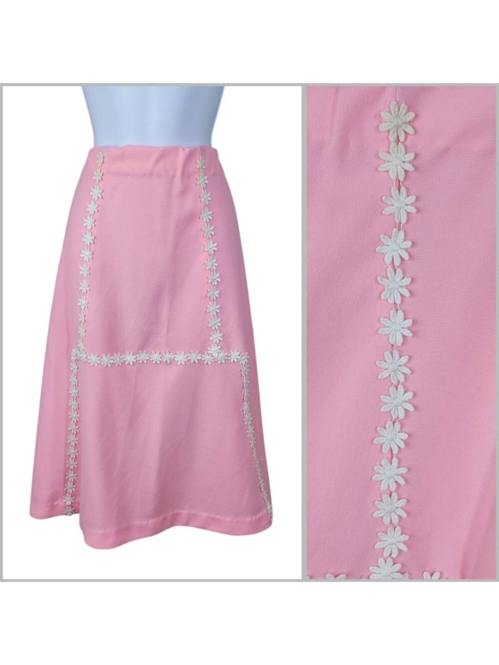 60s 70s Skirt Midi Size XL 1X Pink Pinup Floral Daisy Trim Stretch Waist Vintage